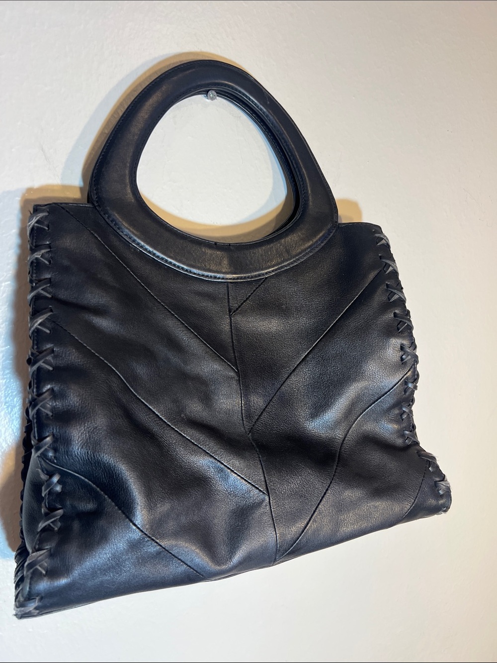 Anne Klein Black Leather Tote with Cutout Handles & Whipstitching 11x13x5